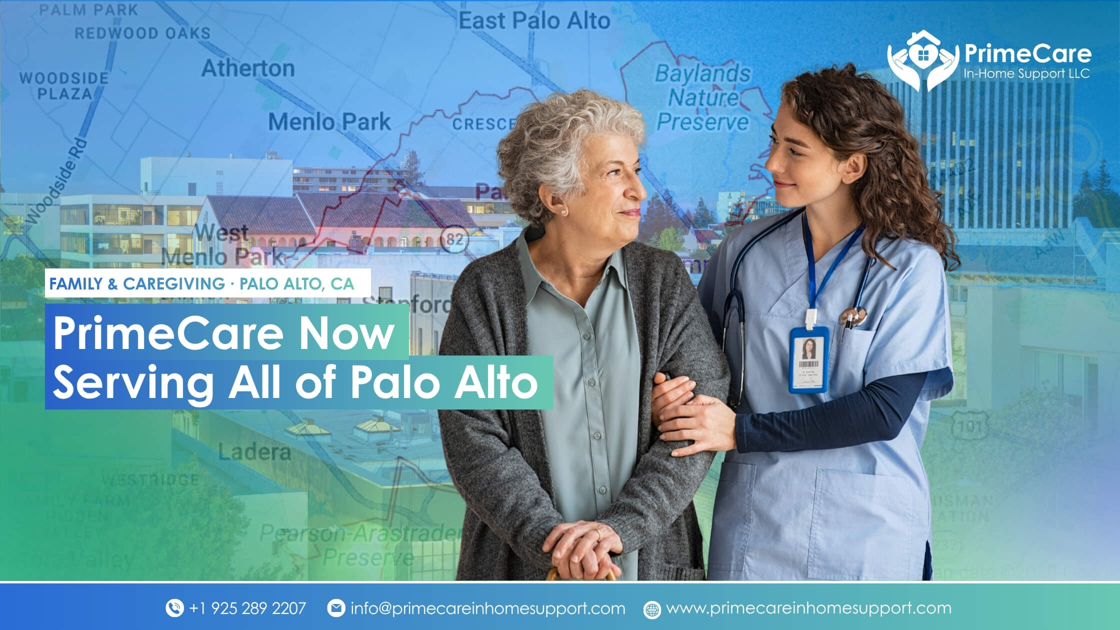 Caregiver walking arm in arm with a senior woman over a map of Palo Alto, CA, announcing PrimeCare In-Home Support now serving Palo Alto