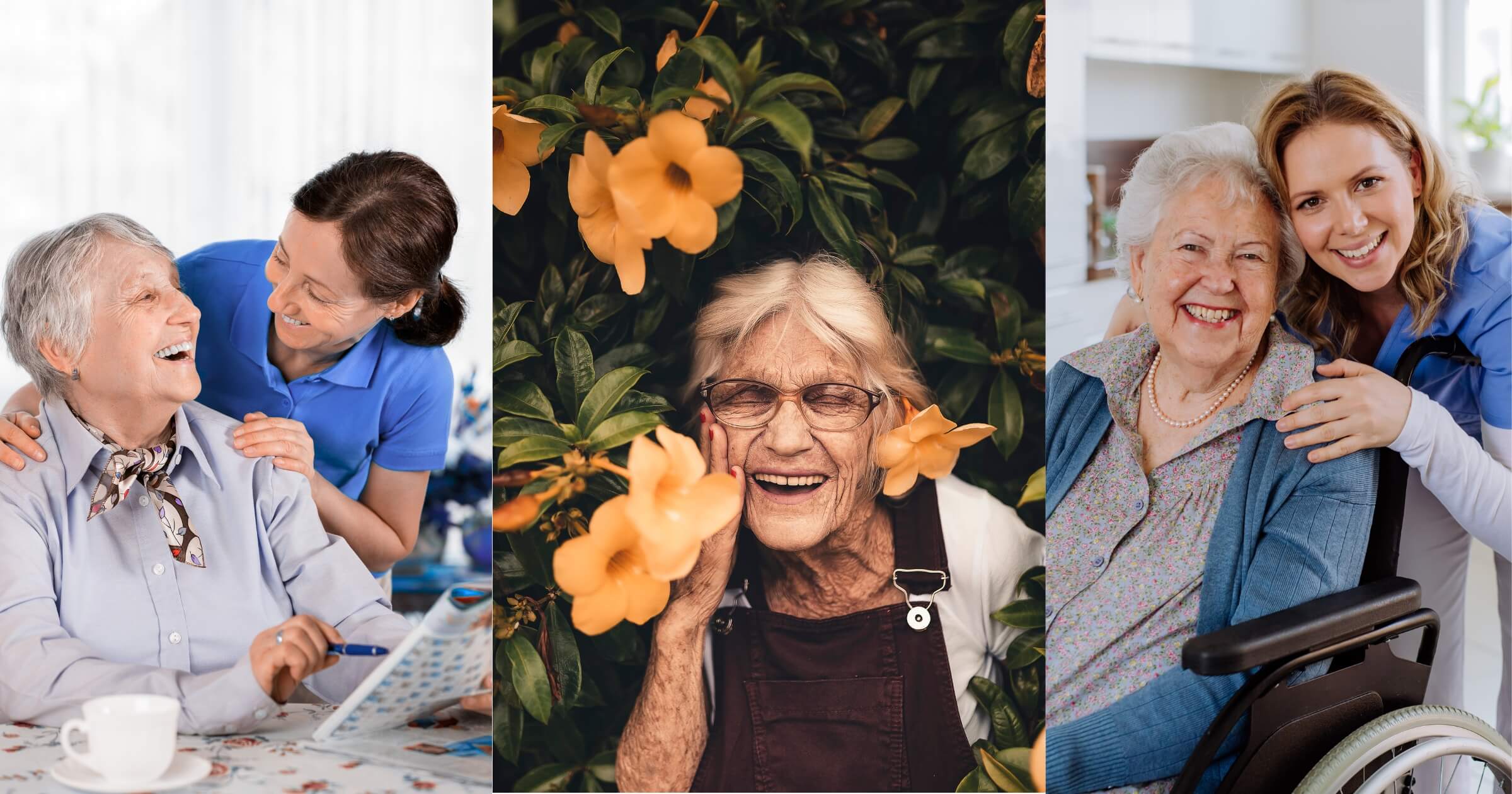 Caregivers and seniors smiling together, representing home care services in San Leandro, CA from PrimeCare In-Home Support