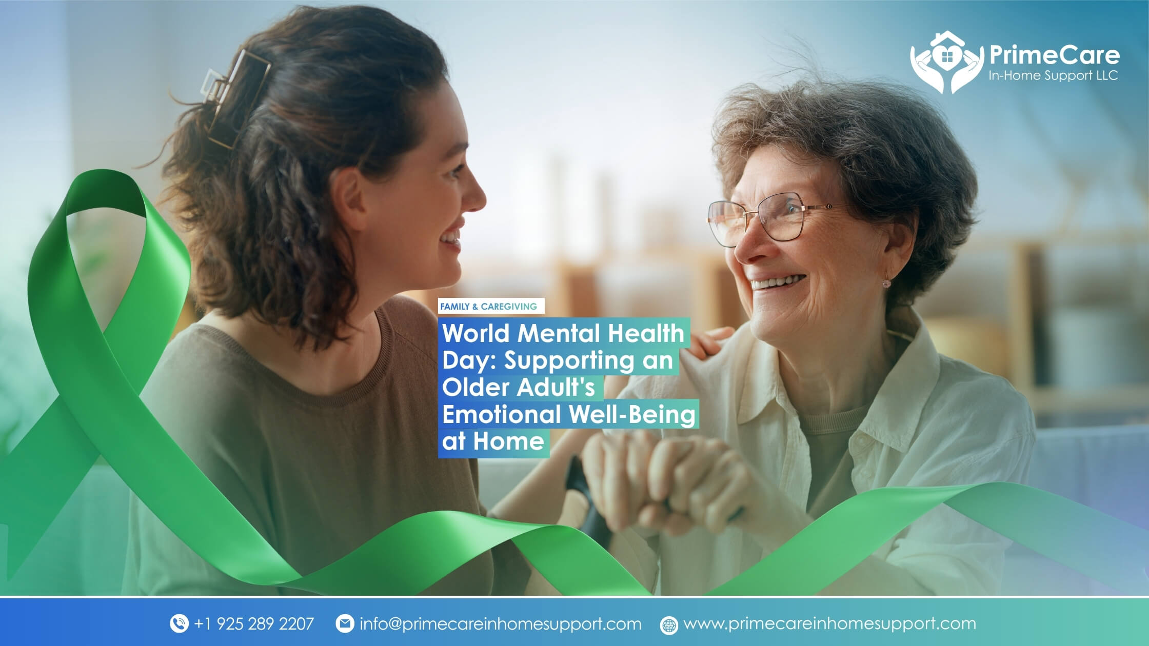 Smiling caregiver and older woman sharing a warm moment at home, with a green mental health awareness ribbon for World Mental Health Day