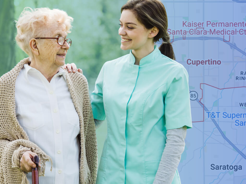 Caregiver smiling with an older woman outdoors, with a map of Cupertino, CA, for a home care services in Cupertino guide